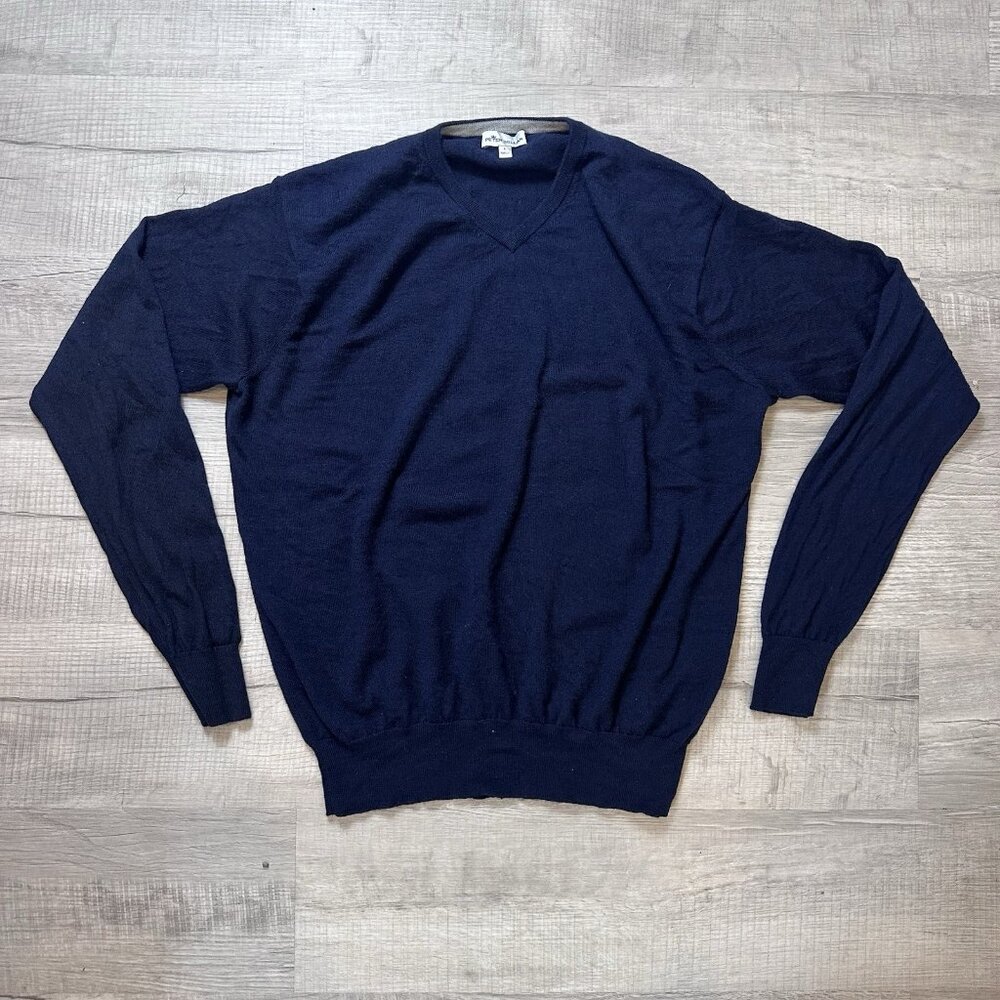 Peter Millar V-Neck Pullover Sweater Merino Wool Silk Blend Mens Size Large Blue